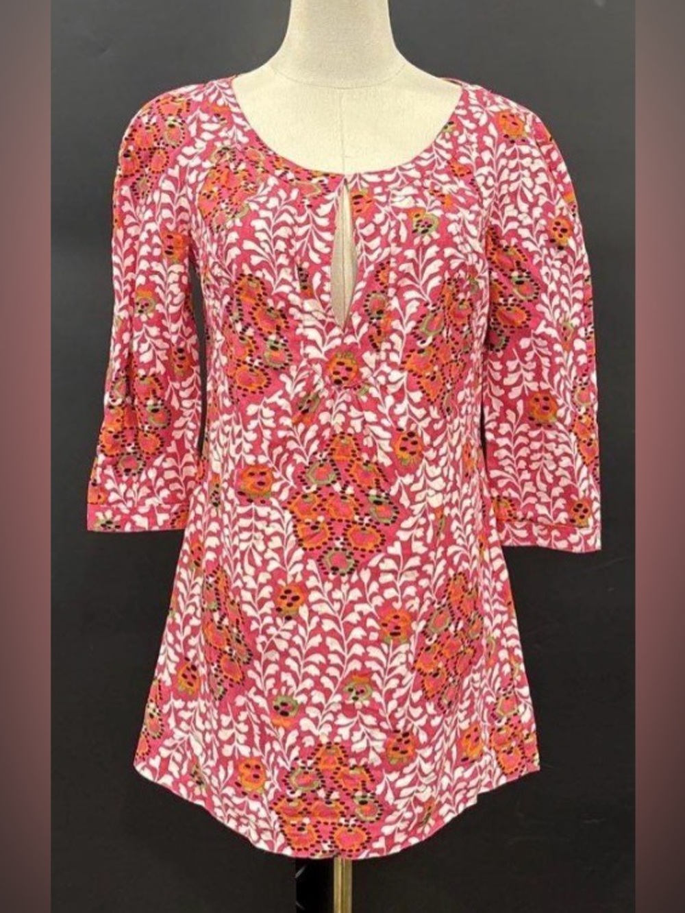 Tory Burch, size large, Floral Pink & Orange silk 3/4 Sleeve Blouse, EUC